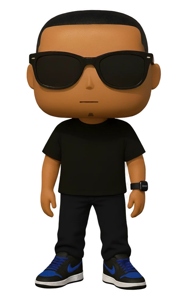 Mannyese character wearing sunglasses, black clothing, and blue sneakers